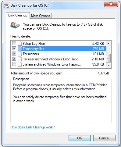 Clear Temporary Files disk cleanup
