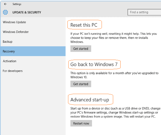 windows 10 recovery options